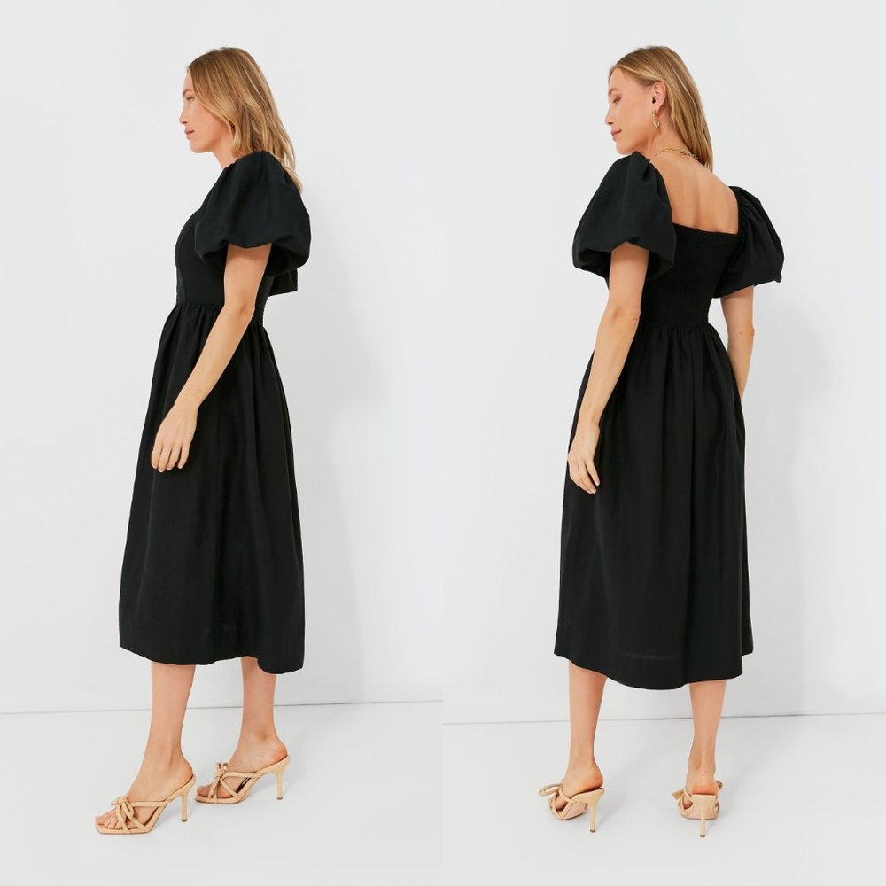 Pomander Place NEW Alexis Puff Sleeve Black Linen Pockets Midi Dress Size L - Picture 3 of 11